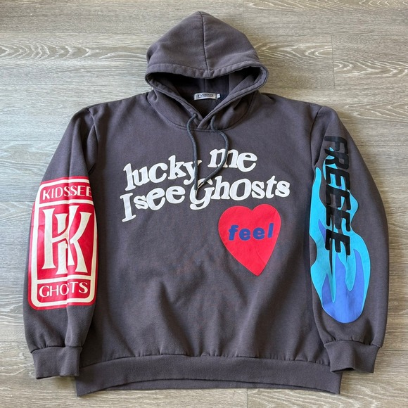 Lucky Me I See Ghosts Camp Flog Gnaw Hoodie Gray Kanye Kid Cudi Large Streetwear - Picture 1 of 9